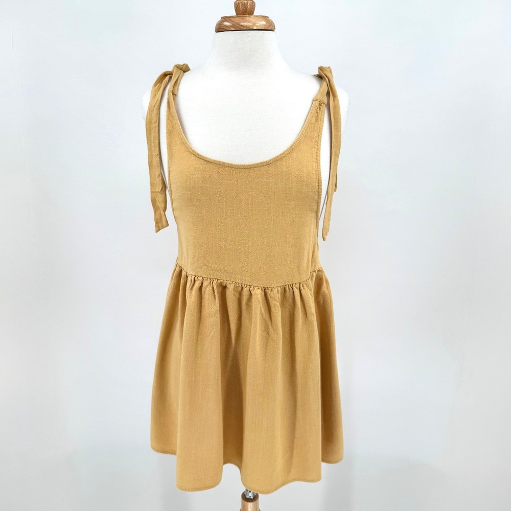 Lottie Moss Mustard Yellow Linen Blend Tie Shoulder Babydoll Mini Dress Small